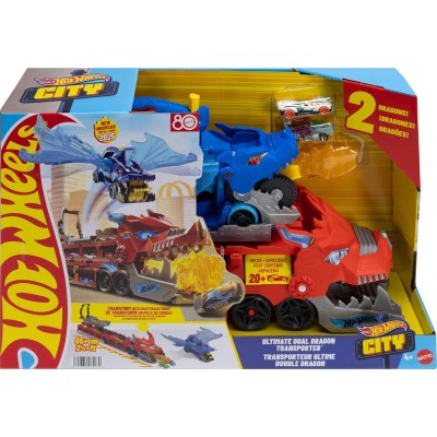 Mattel JBM72 Hot Wheels City Drago Trasportatore Trasformabile e 2 macchinine con Drago Rimovibile
