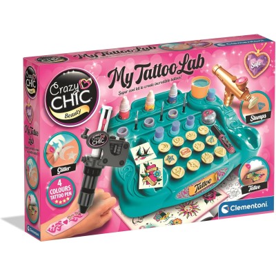 Clementoni 18260 Crazy Chic My Tattoo Lab Kit per Creare Tatuaggi Temporanei Personalizzati con Stencil e Accessori