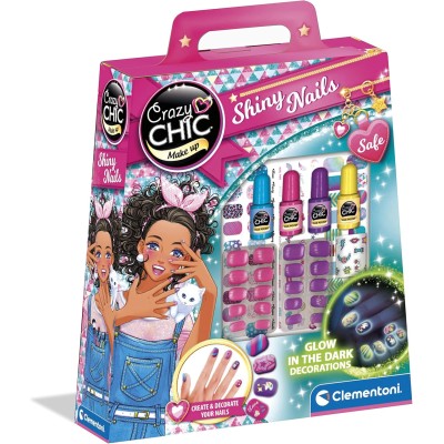 Clementoni 18689 Crazy Chic - Shiny Nails kit unghie con smalti fluorescenti e unghie finte