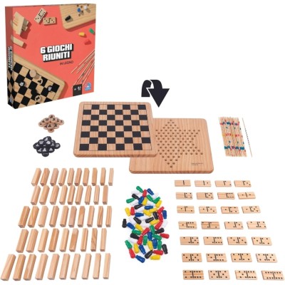 SpinMaster 6066797 6 Giochi Riuniti - Scacchi Dama Dama Cinese Domino Torre in Legno Shangai