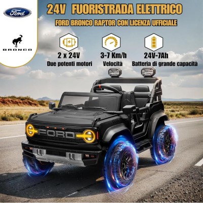 Ford Bronco Raptor 24V Auto Macchina Elettrica per Bambini 2 Posti Fuoristrada con Telecomando - Ruote in Gomma EVA XL Premium
