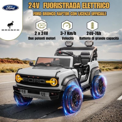 Ford Bronco Raptor 24V Auto Macchina Elettrica per Bambini 2 Posti Fuoristrada con Telecomando - Ruote in Gomma EVA XL Premium