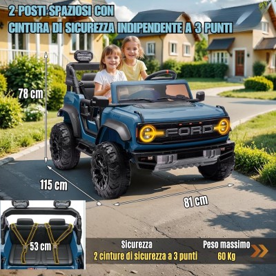 Ford Bronco Raptor 24V Auto Macchina Elettrica per Bambini 2 Posti Fuoristrada con Telecomando - Ruote in Gomma EVA XL Premium