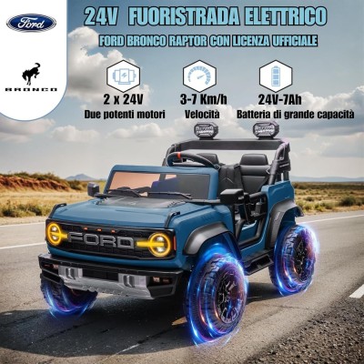 Auto Macchina Elettrica per Bambini 24V Ford Bronco Raptor Fuoristrada 2 Posti con Telecomando - RUOTE IN GOMMA EVA XL Premium
