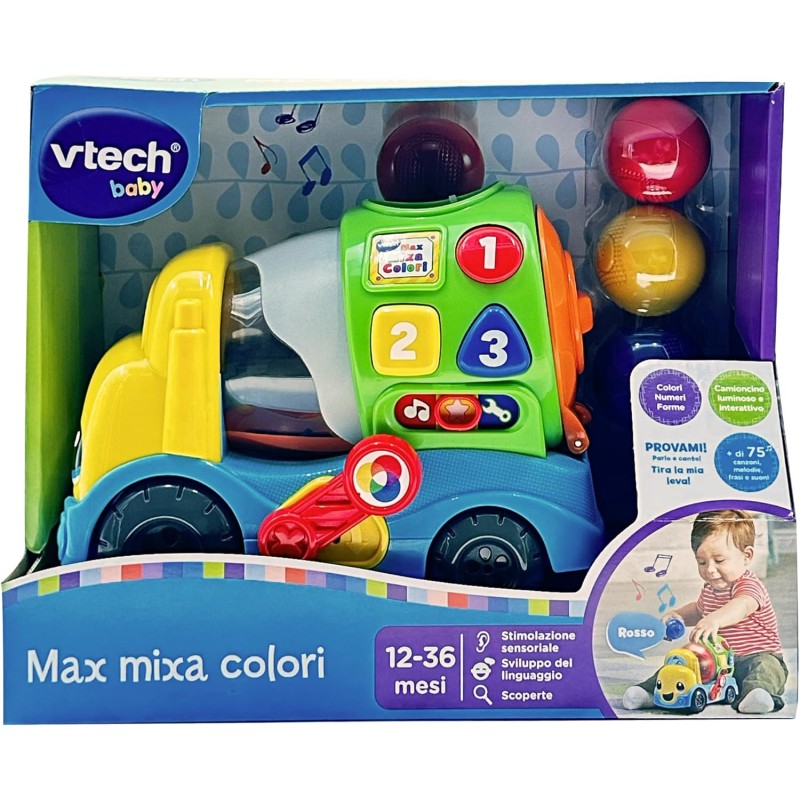 VTech Max Mixa Couleurs – Camion Parlant Et Musical, Reconnaît Et Mélange Les Couleurs – 3 Modes, Volume Réglable – Italien – Dès 12 Mois