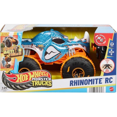 Mattel JBK11 Hot Wheels Monster Trucks Rhinomite R/C in scala 1:24 con pneumatici Grip Action