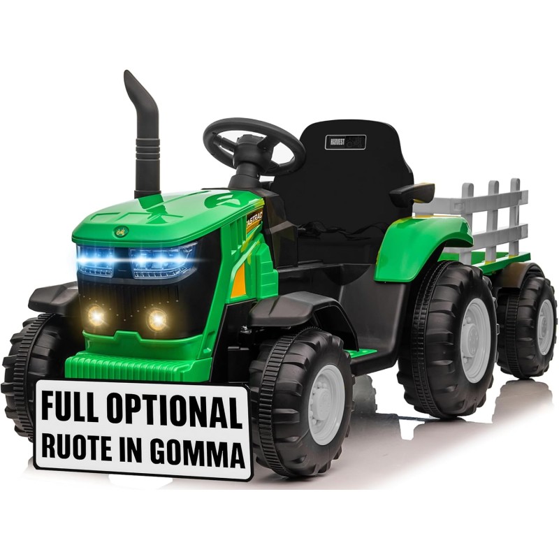 Trattore Elettrico per Bambini 12V con Rimorchio - Maxi Trattore Cavalcabile con ruote in gomma