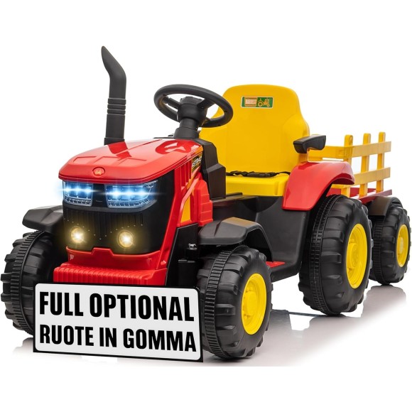 Trattore Elettrico per Bambini 12V con Rimorchio - Maxi Trattore Cavalcabile con ruote in gomma