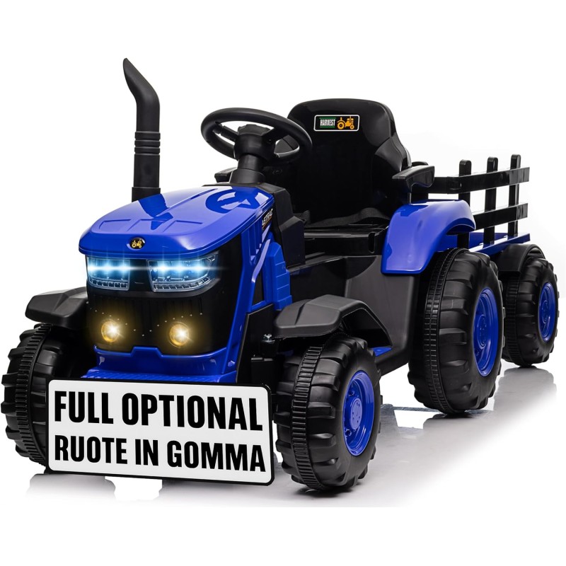 Trattore Elettrico per Bambini 12V con Rimorchio - Maxi Trattore Cavalcabile con ruote in gomma