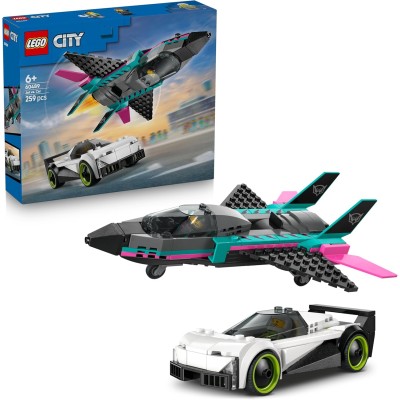 LEGO City 60489 Jet Contro Auto Sportiva Set con Aereo Macchina e 2 Minifigure di Piloti