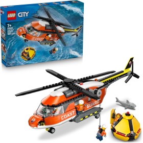 LEGO City 60503 Elicottero della Guardia Costiera Veicolo di Emergenza con Porte Scorrevoli 4 Minifigure e Squalo
