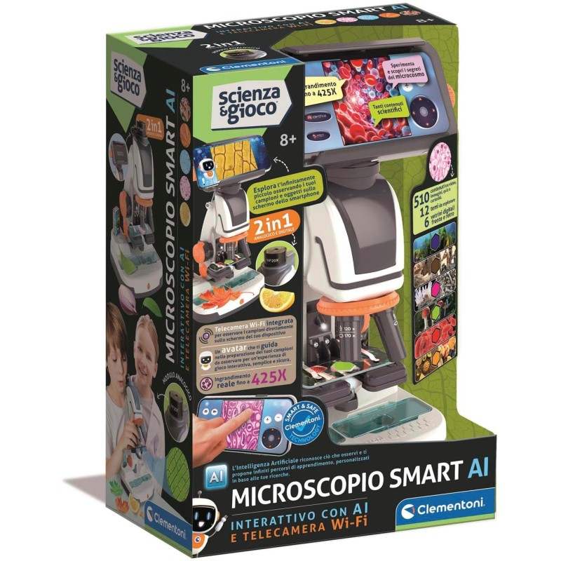 Clementoni 19387 Scienza e Gioco Microscopio smart AI Interattivo con Telecamera Wi-Fi modalità Digitale e analogica