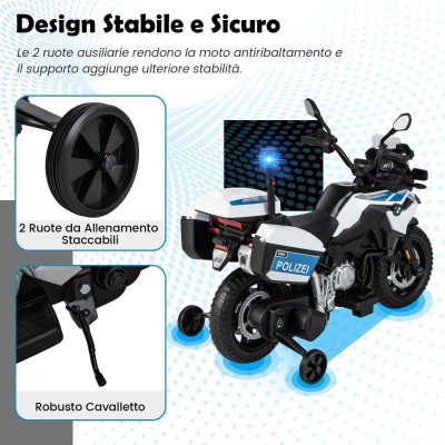 Motocicletta Elettrica per Bambini Moto BMW F 850 GS 12V Police Edition con Luci LED MP3 Sirena Bauletto e Rotelle