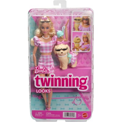 Mattel JFP36 Barbie Twinning Looks Barbie e cagnolino in abiti rosa a quadretti abbinati e accessori