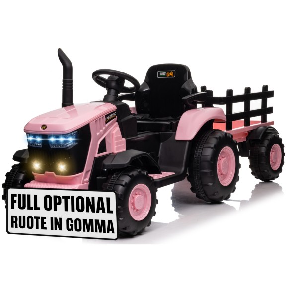 Trattore Elettrico per Bambini 12V con Rimorchio - Maxi Trattore Cavalcabile con ruote in gomma
