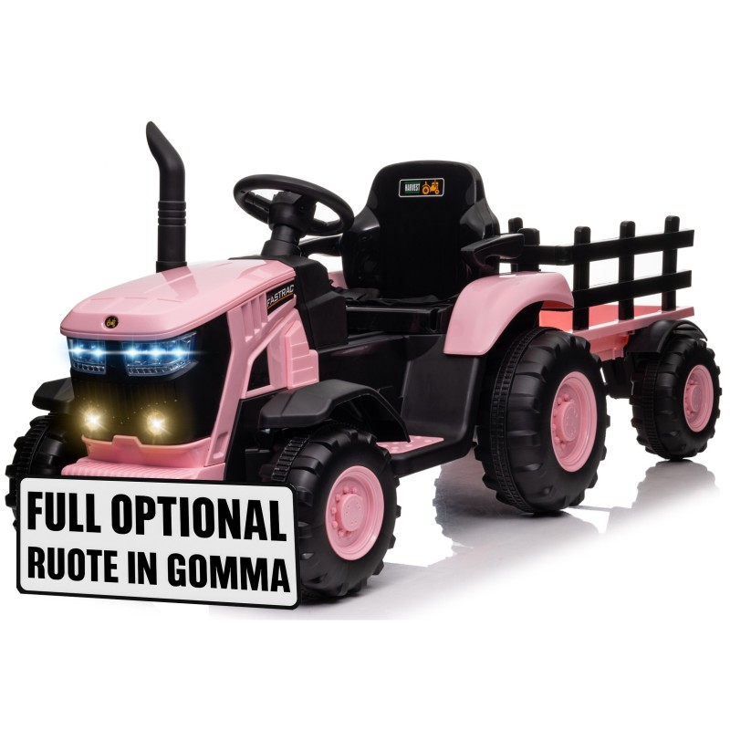 Trattore Elettrico per Bambini 12V con Rimorchio - Maxi Trattore Cavalcabile con ruote in gomma