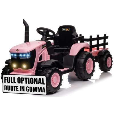 Trattore Elettrico per Bambini 12V con Rimorchio - Maxi Trattore Cavalcabile con ruote in gomma