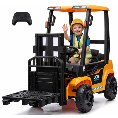 JCB Carrello Elevatore Elettrico per Bambini 12V Muletto Cavalcabile con Telecomando Forche Funzionanti