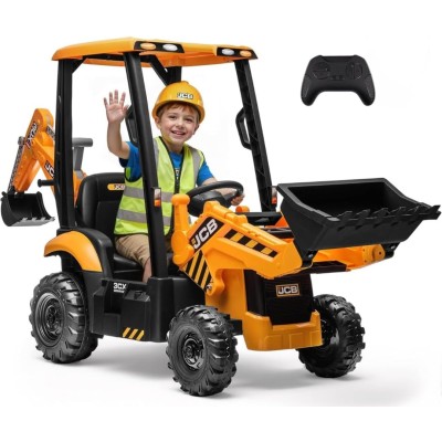 Trattore Cavalcabile Elettrico per Bambini JCB 24V Escavatore con Braccio Scavatore Bulldozer Retroescavatore 4 in 1