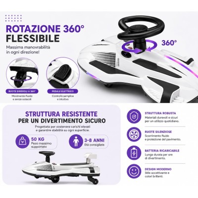Auto Elettrica per Bambini 12V Macchina Vorticar Piroettante 2 in 1 con Sterzo 360° Effetto Fumo Musica Luci LED