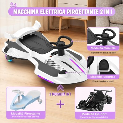 Auto Elettrica per Bambini 12V Macchina Vorticar Piroettante 2 in 1 con Sterzo 360° Effetto Fumo Musica Luci LED