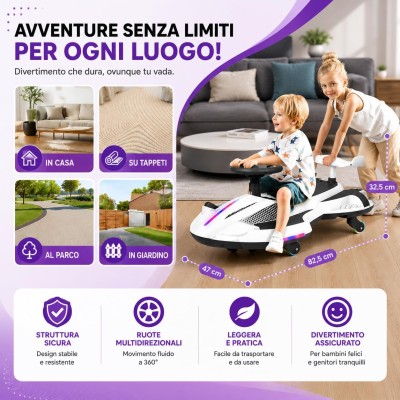 Auto Elettrica per Bambini 12V Macchina Vorticar Piroettante 2 in 1 con Sterzo 360° Effetto Fumo Musica Luci LED