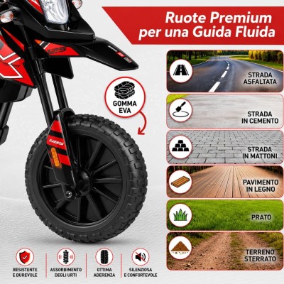 Moto Elettrica per bambini 12V Cross Aprilia RX125 con Ruote in Gomma Sedile in pelle Doppio Motore Rotelle Luci e Suoni