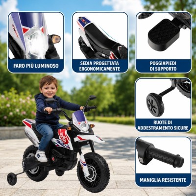 Moto Elettrica per bambini 12V Cross Aprilia RX125 con Ruote in Gomma Sedile in pelle Doppio Motore Rotelle Luci e Suoni