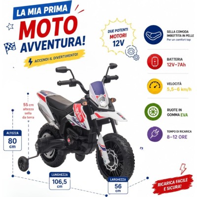Moto Elettrica per bambini 12V Cross Aprilia RX125 con Ruote in Gomma Sedile in pelle Doppio Motore Rotelle Luci e Suoni