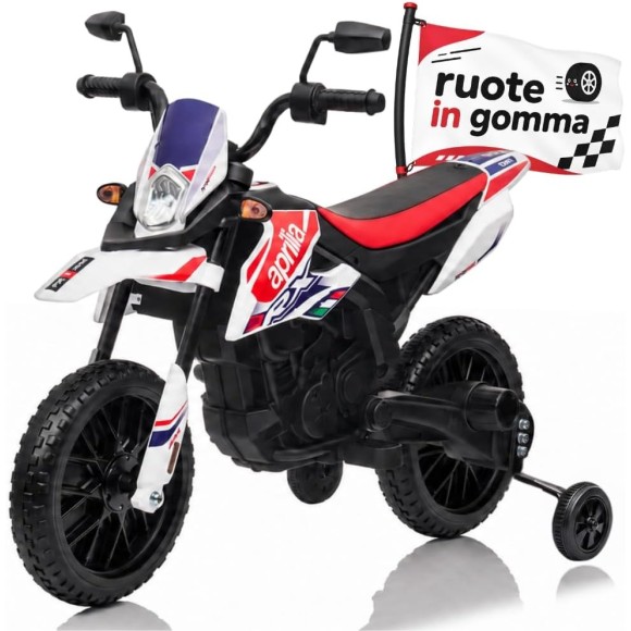 Moto Elettrica per bambini 12V Cross Aprilia RX125 con Ruote in Gomma Sedile in pelle Doppio Motore Rotelle Luci e Suoni