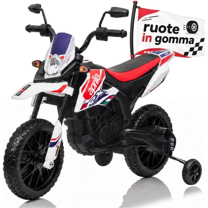 Moto Elettrica per bambini 12V Cross Aprilia RX125 con Ruote in Gomma Sedile in pelle Doppio Motore Rotelle Luci e Suoni
