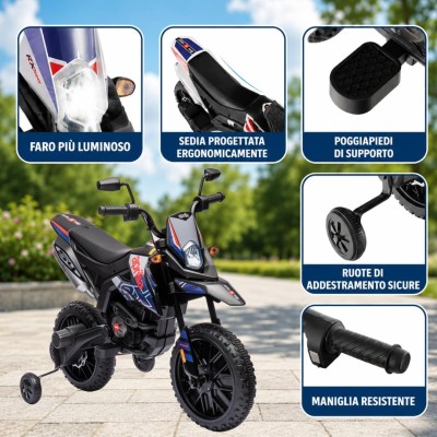Moto Elettrica per bambini 12V Cross Aprilia RX125 con Ruote in Gomma Sedile in pelle Doppio Motore Rotelle Luci e Suoni