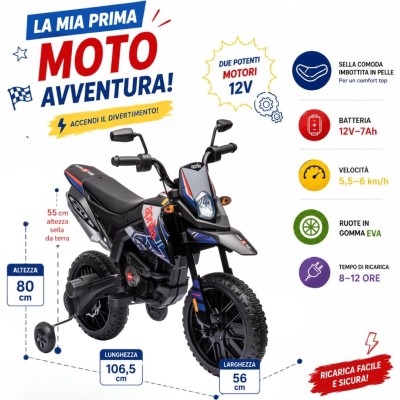 Moto Elettrica per bambini 12V Cross Aprilia RX125 con Ruote in Gomma Sedile in pelle Doppio Motore Rotelle Luci e Suoni