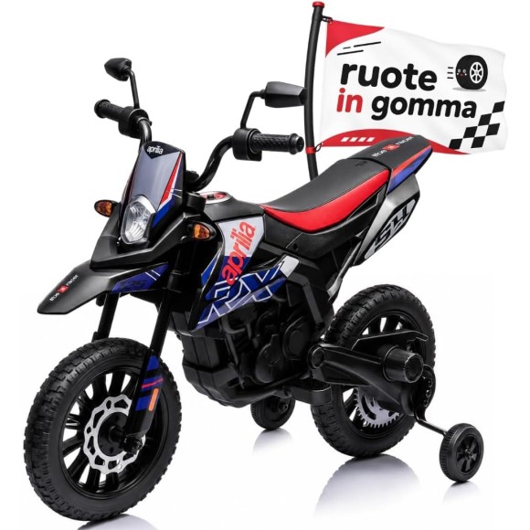 Moto Elettrica per bambini 12V Cross Aprilia RX125 con Ruote in Gomma Sedile in pelle Doppio Motore Rotelle Luci e Suoni