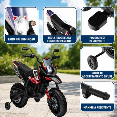 Moto Elettrica per bambini 12V Cross Aprilia RX125 con Ruote in Gomma Sedile in pelle Doppio Motore Rotelle Luci e Suoni