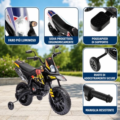 Moto Elettrica per bambini 12V Cross Aprilia RX125 con Ruote in Gomma Sedile in pelle Doppio Motore Rotelle Luci e Suoni