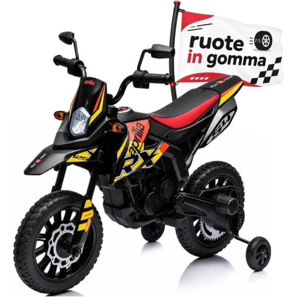 Moto Elettrica per bambini 12V Cross Aprilia RX125 con Ruote in Gomma Sedile in pelle Doppio Motore Rotelle Luci e Suoni