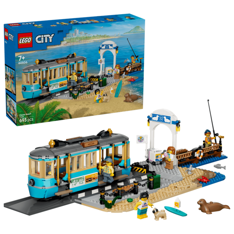 Lego City 60506 Tram classico della spiaggia con Binari Scena di Strada 5 Minifigure e 5 Animali