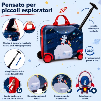 MonTravel Valigia Trolley Cavalcabile per Bambini con Asta Telescopica Poggiapiedi e Zainetto MT-025 Spaceman