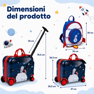 MonTravel Valigia Trolley Cavalcabile per Bambini con Asta Telescopica Poggiapiedi e Zainetto MT-025 Spaceman