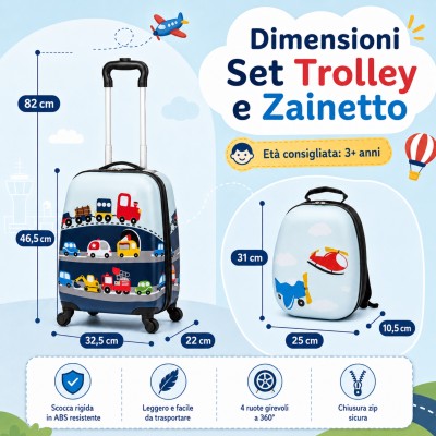 MonTravel Set Trolley per Bambini 2 Pezzi Valigia Rigida e Zainetto Bagaglio a Mano con Ruote Girevoli MT-024 Traffic