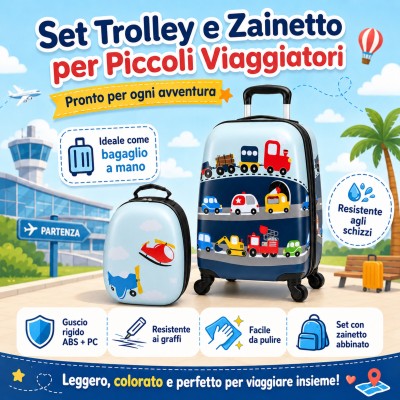 MonTravel Set Trolley per Bambini 2 Pezzi Valigia Rigida e Zainetto Bagaglio a Mano con Ruote Girevoli MT-024 Traffic