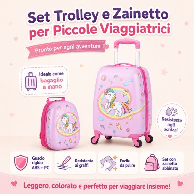 MonTravel Set Trolley Unicorno per Bambini 2 Pezzi Valigia Rigida e Zainetto Bagaglio a Mano con Ruote Girevoli MT-024 Horse
