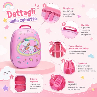 MonTravel Set Trolley Unicorno per Bambini 2 Pezzi Valigia Rigida e Zainetto Bagaglio a Mano con Ruote Girevoli MT-024 Horse