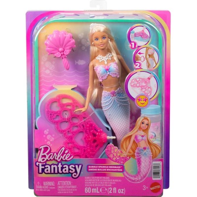 Mattel JLW56 Barbie - Sirena Bolle di Sapone con lunghi capelli biondi e ciocca colorata e soluzione magica per creare le bolle