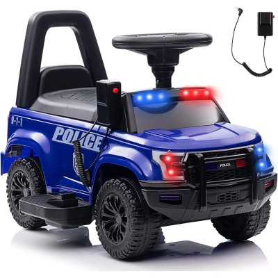 Macchina Polizia Elettrica Cavalcabile per Bambini 6V con Sirena Megafono Luci Led Lampeggianti realistici Schienale