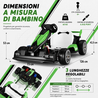 Go Kart Elettrico Porsche per Bambini 24V Ruote in Gomma Eva Nylon Sedile Regolabile 6-12 Anni Luci LED 2 Velocità Drift