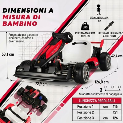 Go Kart Elettrico Porsche per Bambini 24V Ruote in Gomma Eva Nylon Sedile Regolabile 6-12 Anni Luci LED 2 Velocità Drift