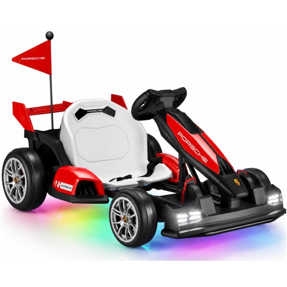 Go Kart Elettrico Porsche per Bambini 24V Ruote in Gomma Eva Nylon Sedile Regolabile 6-12 Anni Luci LED 2 Velocità Drift