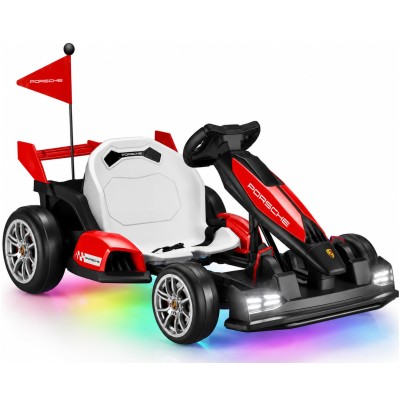 Go Kart Elettrico Porsche per Bambini 24V Ruote in Gomma Eva Nylon Sedile Regolabile 6-12 Anni Luci LED 2 Velocità Drift